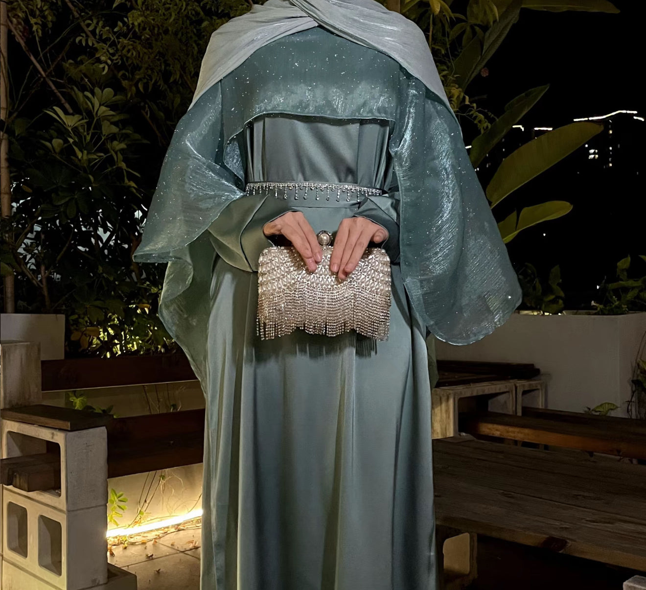 Eid abaya - cape abaya - embellished abaya with hijab - green - party wear abaya