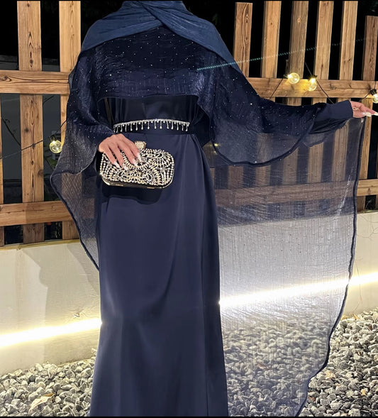 Eid abaya - cape abaya - embellished abaya with hijab - navy blue modest dress long