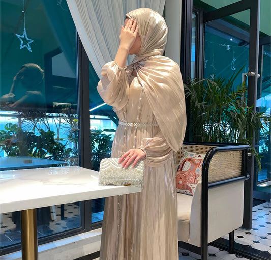 Pearl abaya eid modest wear dress with hijab best for party wear long dress beige
