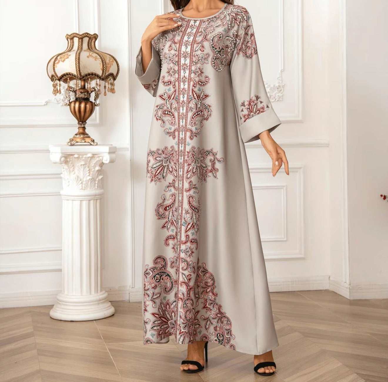 Modest Arabian printed dress beige