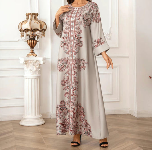 Modest Arabian printed dress beige