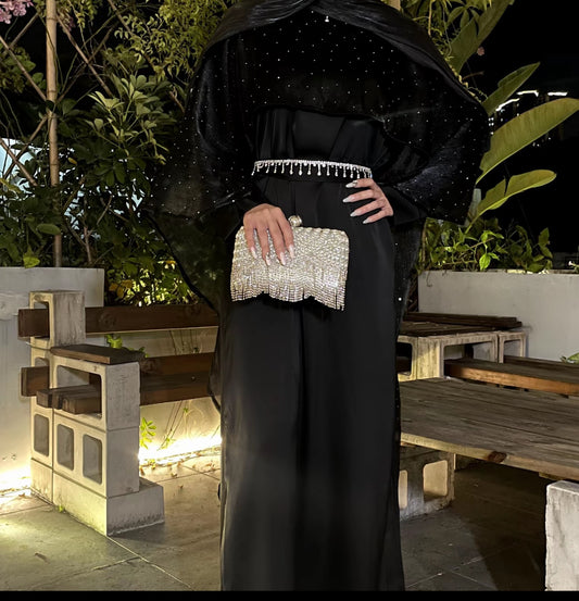 Eid abaya - cape abaya - embellished abaya with hijab - black party wear abaya - modest dress