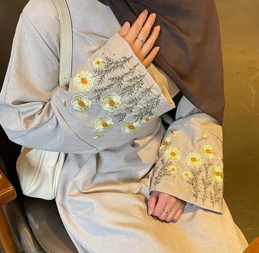 Linen floral embroidery abaya