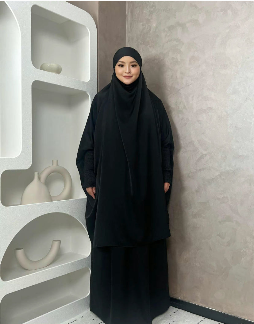 Khimar and skirt , niqab set - 3 piece - black