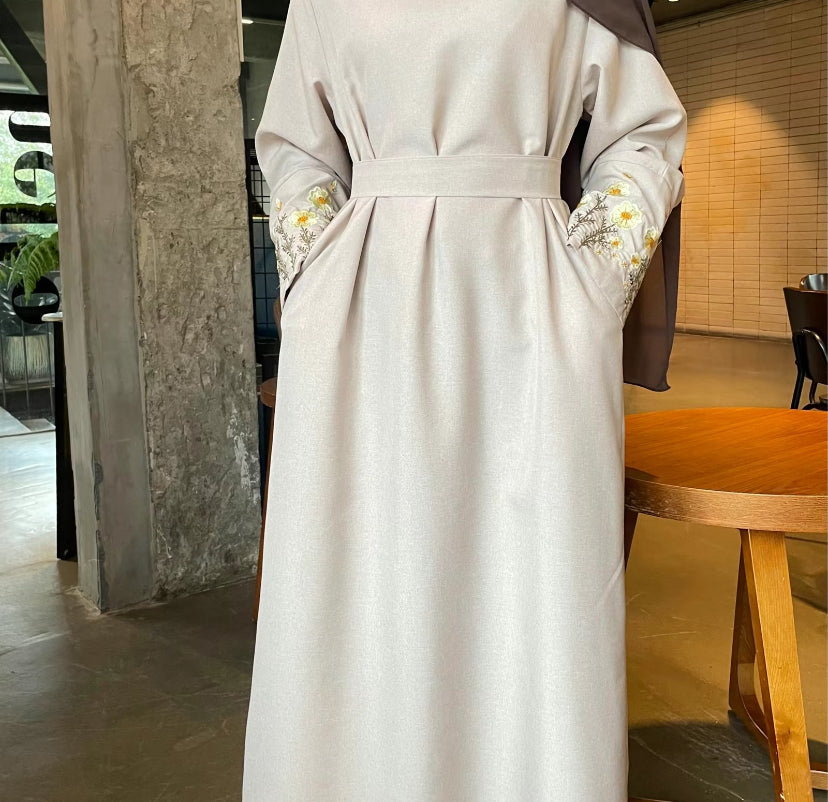 Linen floral embroidery abaya