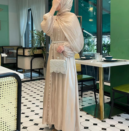 Pearl abaya eid modest wear dress with hijab best for party wear long dress beige