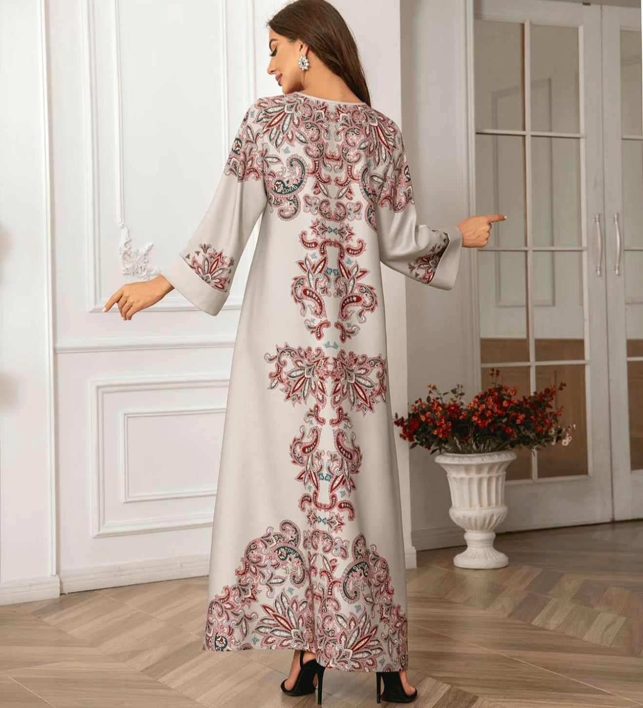 Modest Arabian printed dress beige