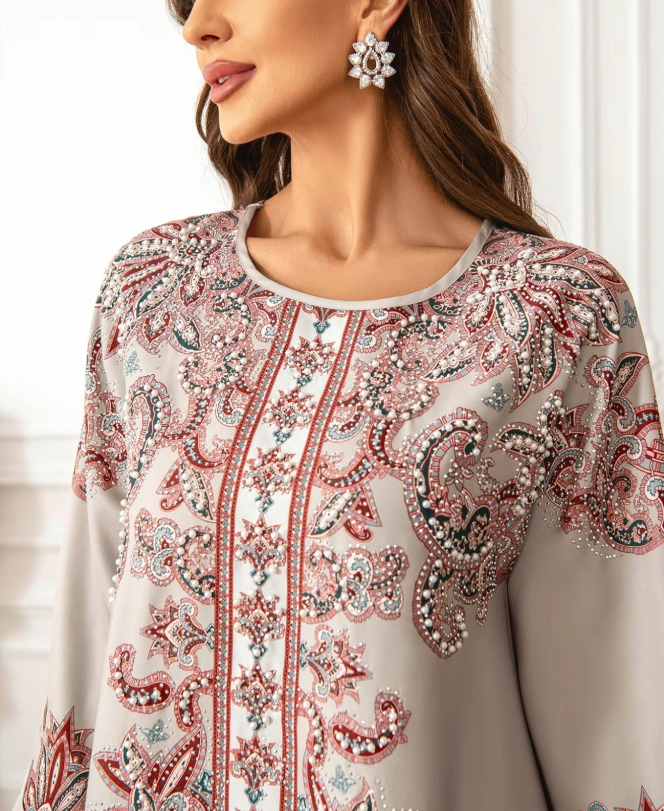 Modest Arabian printed dress beige