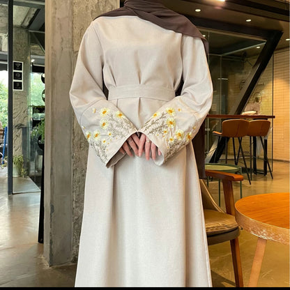 Linen floral embroidery abaya