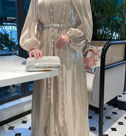 Pearl abaya eid modest wear dress with hijab best for party wear long dress beige