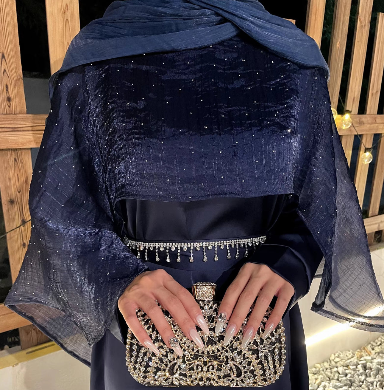 Eid abaya - cape abaya - embellished abaya with hijab - navy blue modest dress long